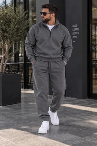 Erkek Füme Alt Üst Takımı Fermuarlı Sweatshirt
